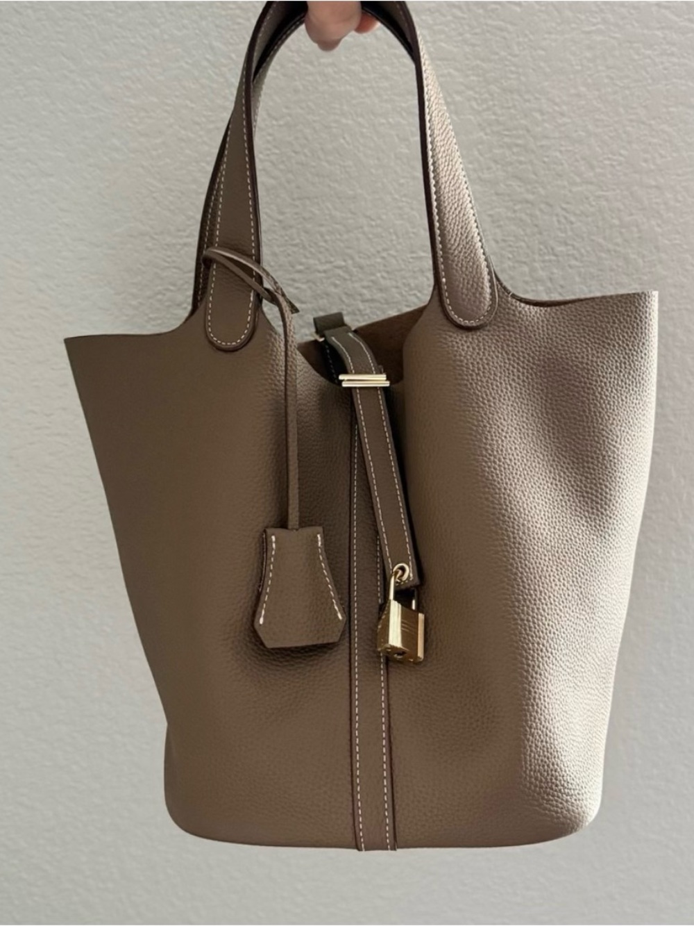 Structured luxury Taupe Pebbled Leather Tote with Gold Accent